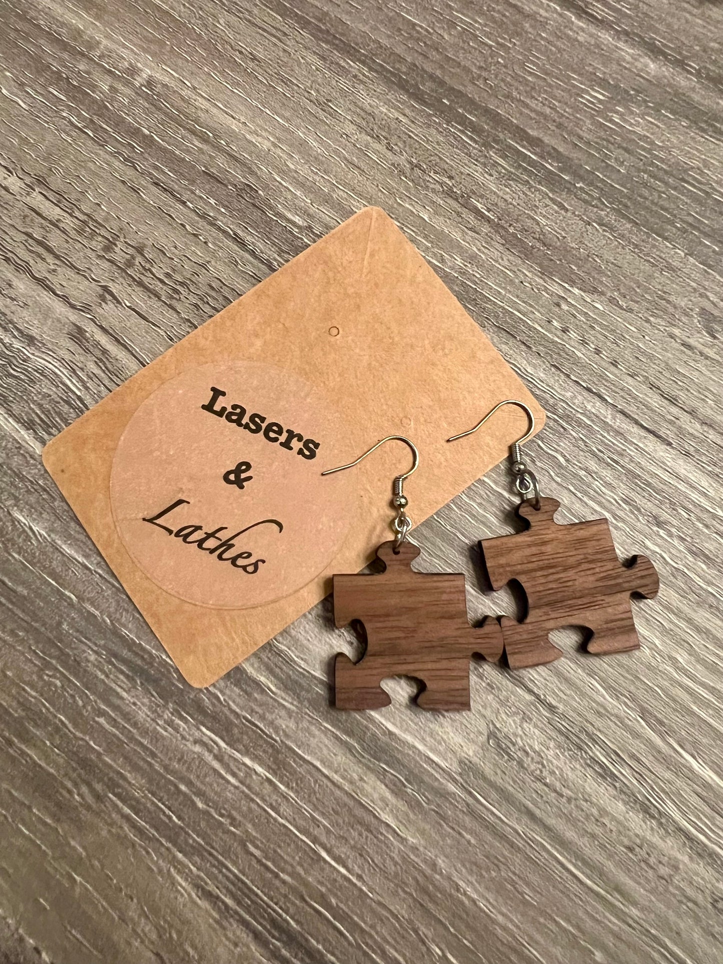 Puzzle Piece Walnut Earrings - Silver