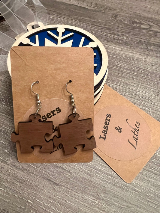 Puzzle Piece Walnut Earrings - Silver