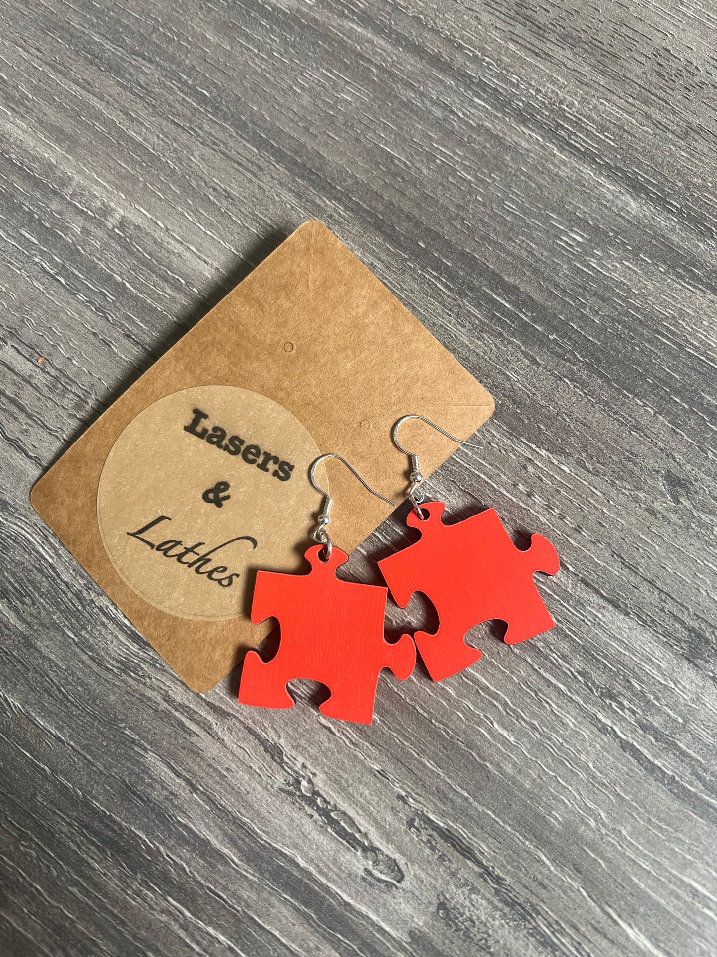 Orange Puzzle Piece Wooden Earrings