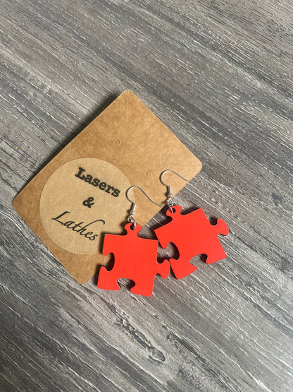 Orange Puzzle Piece Wooden Earrings