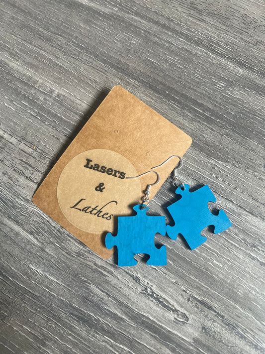 Blue Puzzle Piece Wooden Earrings