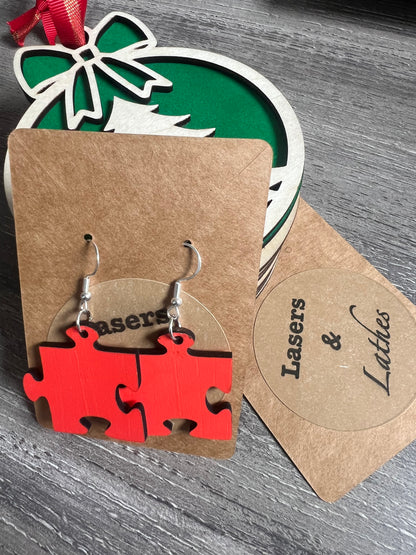 Orange Puzzle Piece Wooden Earrings